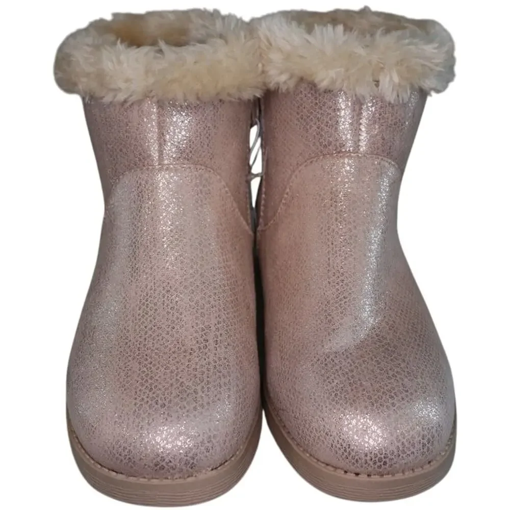 Cat & Jack Girls Pink Glitter Ankle Boots Faux Fur Cuff Winter Warm Kids Shoes 5